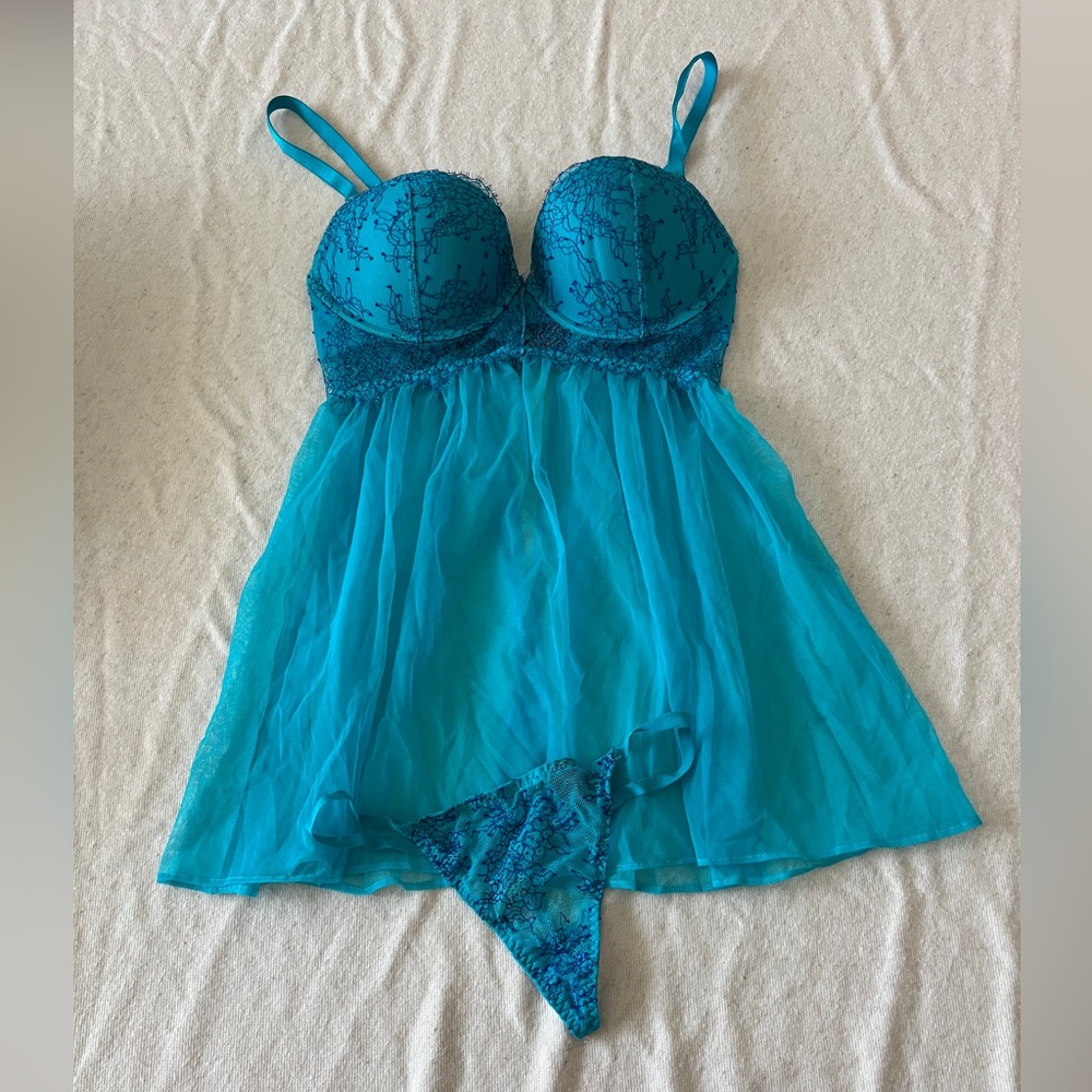 NWOT Victoria's Secret Sheer Blue Baby Doll Set 36C Pushup Bra and G String